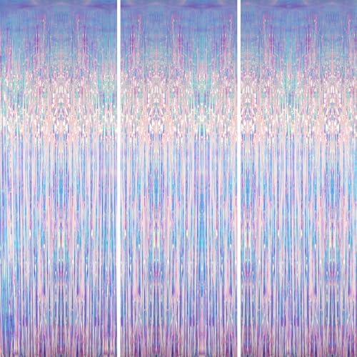 GOER 3.2 ft x 6.5 ft Metallic Tinsel Foil Fringe Curtains Party Photo Backdrop Party Streamers for Mermaid Birthday Party Decorations(3 Packs,Iridescent) by GOER