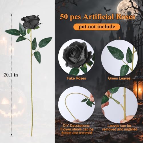 50 PCS Black Roses Artificial Flowers, Fake Roses with Stem Realistic Silk Roses for Halloween DIY Wedding Bouquets Table Centerpieces Arrangements Baby Shower Party Birthday Home Decor Gift for Her - Image 5