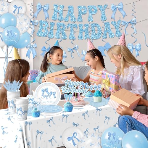 Blue Bow Birthday Party Supplies Serve 24,Coquette Birthday Decorations Blue Bow Party Plate,Napkin,Banner,Cup for Girls Women Bridal Engagement,Baby Shower Decorations - Image 3
