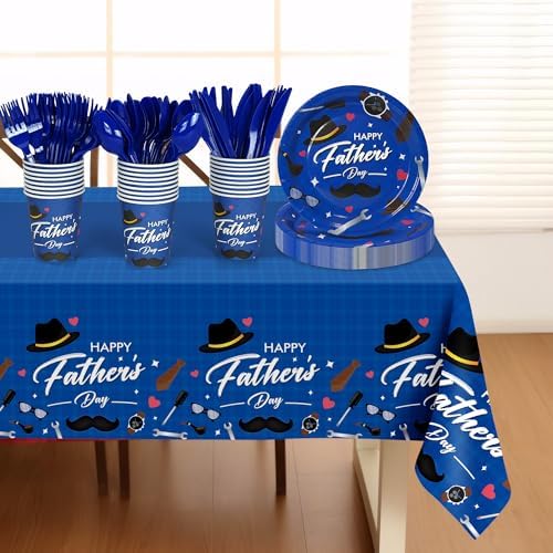 Childom Fathers Day Decorations for Party,132 Pcs Disposable Fathers Day Plates Tablecloth Cups Knives Spoons Forks for Party Supplies,Plates Tableware for Dads Birthday,Home,Brunch,Dinner,Serves 26 - Image 6