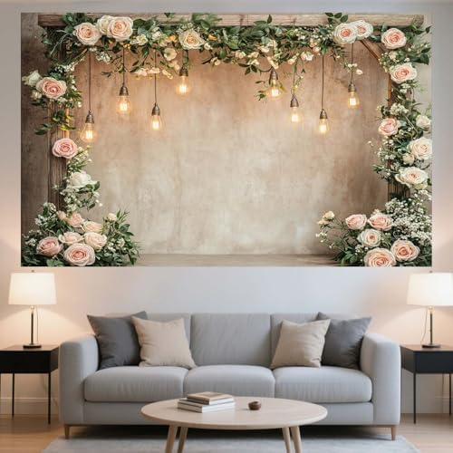 6x6ft Country Wedding Photography Backdrop Floral Rustic Roses Farmhouse Wooden Door Backdrop Pink Flower Birthday Baby Shower Wedding Bridal Party Banner Photo Booth Props Anniversary Background - Image 7