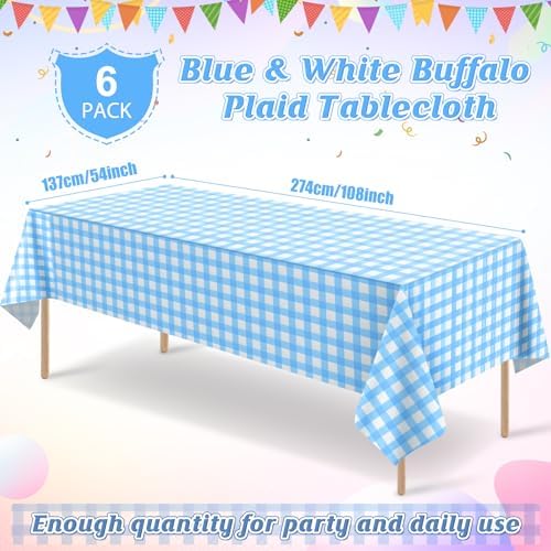 6Pack Light Blue and White Plastic Checkered Tablecloth, Premium Decorative Disposable Light Blue Gingham Plaid Tablecloth for Party, Rectangle Party Table Cover for Picnic Farm Birthday, 54x108 Inch - Image 2