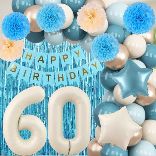 Dusty Blue 60th Birthday Party Decorations Men Beige Number 60 Balloon - Image 5