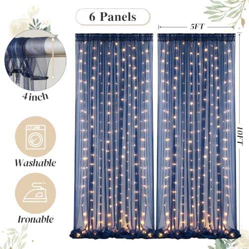 Shillance 30ft x 10ft Navy Blue Backdrop Curtain with Lights String for Parties, Sheer Tulle Wedding Photo Backdrops Drapes for Baby Shower Birthday Party Decorations Background for Photography - Image 5