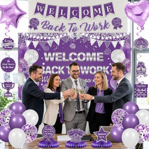 27pcs Welcome Back to Work Decorations Office Purple Welcome Back to Work Banner Balloons We Missed You So Much Backdrop Hanging Swirls Table Centerpieces Foil Balloons for Back to Work Office - Image 2