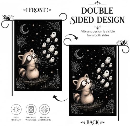 Halloween Garden Flag Whimsical Raccoon Ghost Dandelion Black Flag 12x18 - Image 2