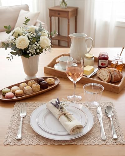 bUCLA 150-Piece Silver Disposable Dinnerware Set - White Plastic Plates with Silver Rim - Include 25 Dinner Plates, 25 Dessert Plates, 25 Forks, 25 Knives, 25 Spoons & 25 Cups for Party & Christmas - Image 5
