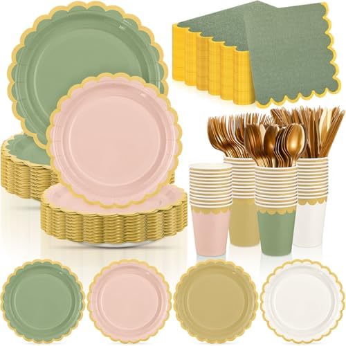 Mimorou 338 Pcs Sage Green and Pink Plates Napkins Cups Flatware Set by Unknown