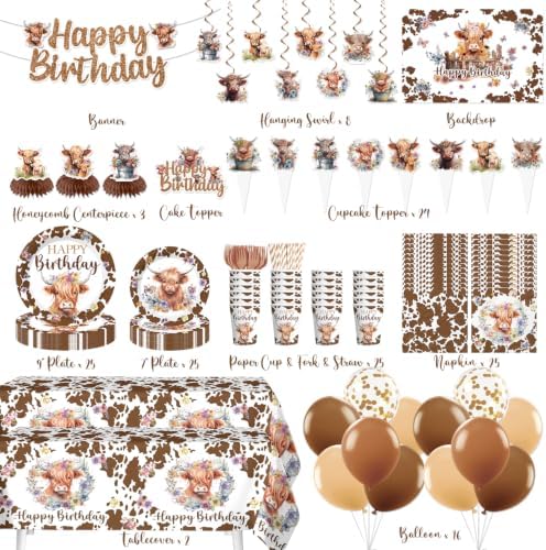 206Pcs Yingoto Brown Cow Birthday Decorations Tableware Set, 25 Serves - Image 2