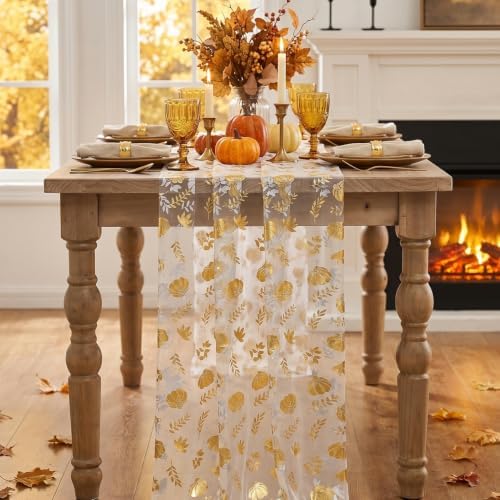 Artoid Mode Fall Gauze Table Runner 120 Inch, Metallic Foil Leaves - Image 2