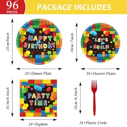 96Pcs Building Block Birthday Party Decor Supplies Paper Plates Napkins Set - Image 2