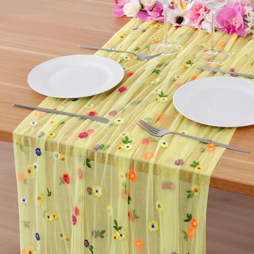BINBE 1pcs Daisy Spring Table Runner Embroidery Gauze 10FT Florals Seasonal Tulle Holiday Birthday Kitchen Dining Table Decor for Home Party Yellow by BINBE