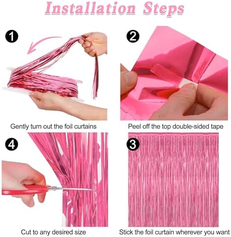 ZATAYE 12 Pack Pink Backdrop, 3.28 FT x 7.05 FT Foil Fringe Curtains, Metallic Pink Tinsel Curtain Party Streamer Birthday Backdrop for Girl, Valentines Day Decorations Bachelorette Party Supplies - Image 3