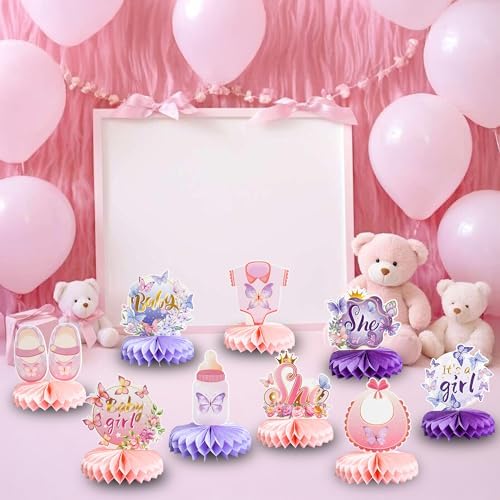 Gyufise 9Pcs Butterfly Baby Shower Decorations Girl Honeycomb Table Centerpieces It's a Girl Table Toppers for Gender Reveal Birthday Party Decor Pink Purple - Image 4