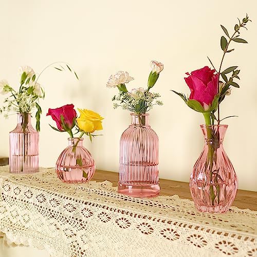 Pink Vase, Bud Vases Set of 12, Small Pink Glass Vases for Flowers Modern Ribbed Glass Bud Vase for Decor Wedding Flower Vase in Bulk Vintage Decor Bridal Shower Centerpieces Home Table Decoration - Image 4