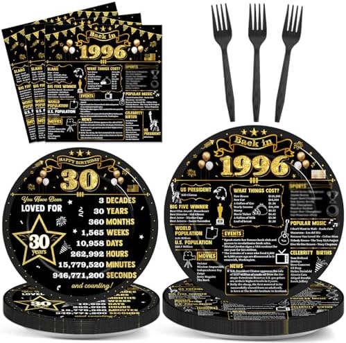 96Pcs 30th Birthday Plates and Napkins Back in 1996 Party Decorations Black Gold 30 Year Old Party Dessert Plates 1996 Birthday Tableware for 24 Guests 30th Theme Men Woman Bday Parties Supplies by CHUNNIN
