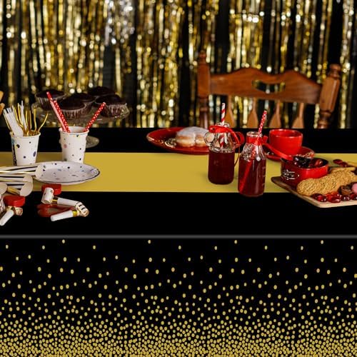 QZYL 12Pack Plastic Table Cloth Disposable, 54" x 108" Waterproof Black Table Cloths with Gold Dots, Outdoor Tablecloth for Rectangle, Table Cloth Cover for New Years Eve Decorations Holiday Birthday - Image 6