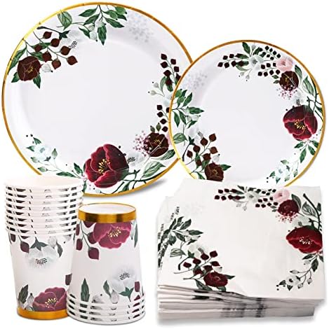 200Pcs Floral Paper Plates and Napkins Party Supplies - Bridal Shower Decorations Serves 50, Burgundy for Wedding, Birthday, Valentine's Day, Easter, Spring Party - Image 7