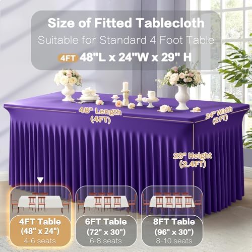 2 Packs Purple Spandex Table Covers 4 Foot, Fitted Stretch Table Cloth with Skirts 48x24 Inch, Wrinkle-Free Floor Length Rectangle Tablecloths for Trade Show Weddings Parties Banquets Events - Image 3