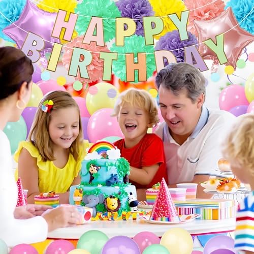 Pastel Birthday Decorations, Multicolored Happy Birthday Banner with Paper Pompoms Party Balloons for Boys Girls Women Party Decorations Supplies - Image 7