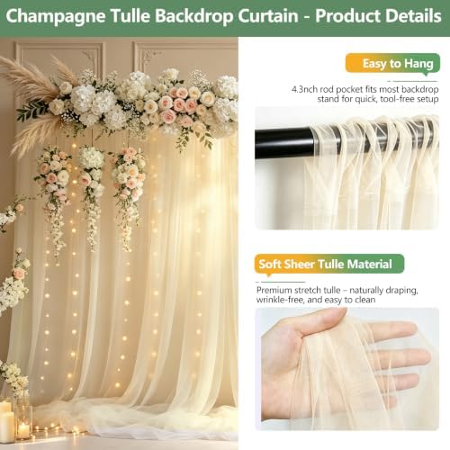 Tulle Backdrop Curtain with Lights String 10FT X 10FT Champagne Sheer Tulle Backdrop Curtains for Wedding Birthday Baby Shower Party Reception Photo Booth Decorations (2 Panels 5x10FT) - Image 2