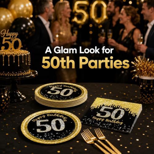 72 Pcs 50th Birthday Plates Napkins and Forks Set, 7 Inch, Back Gold - Image 5