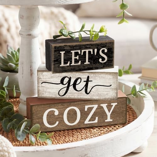 Moucuny 4 Pcs Farmhouse Table Decor Inspirational Wood Signs Let's Get Cozy - Image 3
