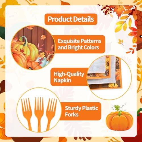96 Pieces Thanksgiving Pumpkin Tableware Set Party Supplies - Rustic Wood Grain Disposable Dinnerware with Paper Plates, Napkins, Forks for Fall Harvest, Friendsgiving, and Thanksgiving Dinner - Image 3