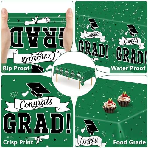 2Pcs Graduation Tablecloth, 108" X 54" Green Graduation Table Decorations 2026, Rectangle Tablecovers for Class 2026 Congrats Grad, Disposable Plastic Tablecover for Grad Decor Party Supplies for Kids - Image 3