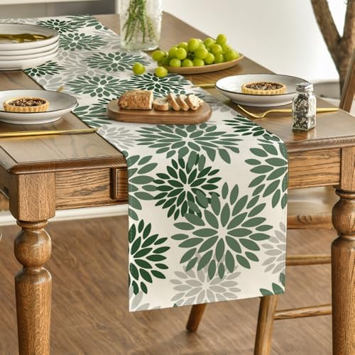 Artoid Mode Dark Green Dahlia Floral Pinnata Spring Table Runner, Seasonal Kitchen Dining Table Decoration for Home Party Decor 13x60 Inch - Image 3