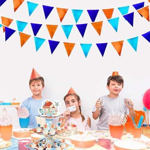 Orange Blue Party Decorations Metallic Fabric Triangle Pennant Flag Bunting Banner Garland for Birthday Baby Shower Graduation Bridal Shower Wedding Bachelorette Engagement Space Theme Party Supplies - Image 6