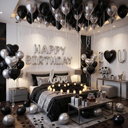 Black Silver Birthday Decorations for Men, Hotel Birthday Decorations for Him with LOVE Balloon, Happy Birthday Balloons, Black Rose Petals, Birthday Room Decor Anniversary Decor by BlissBash
