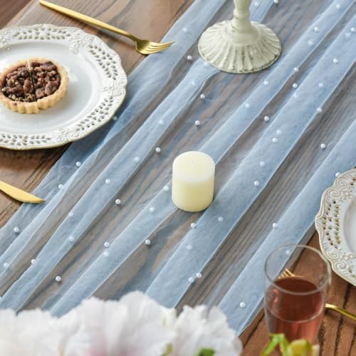 Artoid Mode Pearl Blue Gauze Table Runner 59x120 Inch , Seasonal Sheer Kitchen Dining Holiday Wedding Birthday Baby Shower Table Decor for Home Party - Image 4