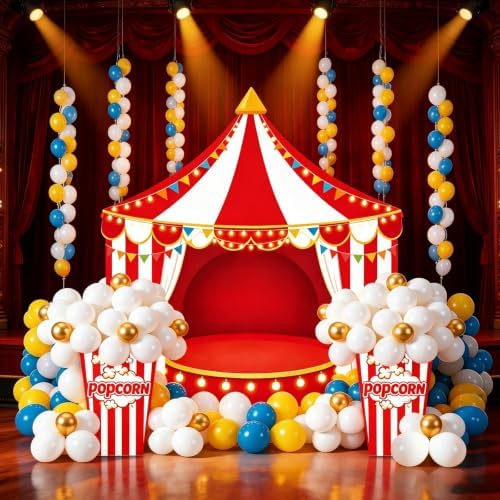 104 PCS Carnival Circus Party Decorations Set Backdrop, Includes Red White Tent Photo Background, Popcorn Boxes with 101 Balloon Kit, Carnival Theme Birthday Party Decor Supplies - Image 7