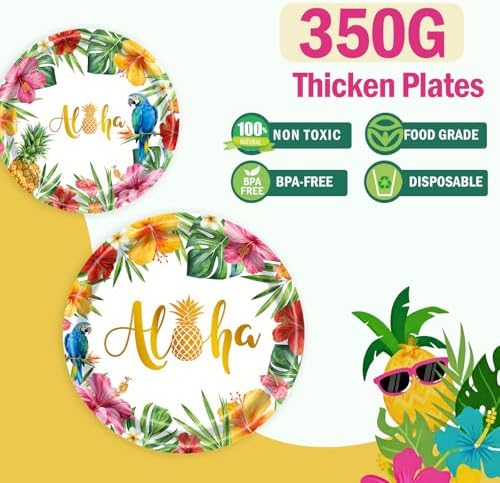 175Pcs Hawaiian Luau Party Decorations Aloha Tropical Tropical Hibiscus Floral Tableware Supplies Hawaii Palm Leaves Plates for Summer Hawaiian Birthday BBQ Pool Beach Party Supplies Serves 25 Guests - Image 4