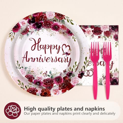 96Pcs Burgundy Flowers Anniversary Party Decorations Serves 24 - Image 2