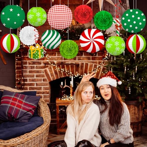 15PCS Christmas Decorations Ornaments Set – 9 Red White Green Paper Lanterns, 4 Pom Poms, 2 Hanging Swirls for Indoor, Home, Xmas Party, Porch Decor - Image 2
