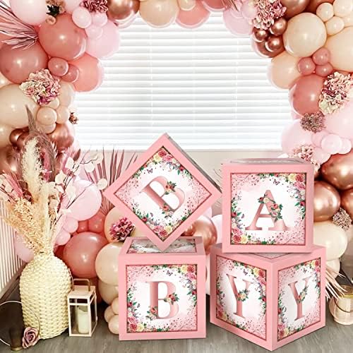 Floral Pink Baby Shower Boxes, 4 Pcs Baby Blocks with Letters - Image 5