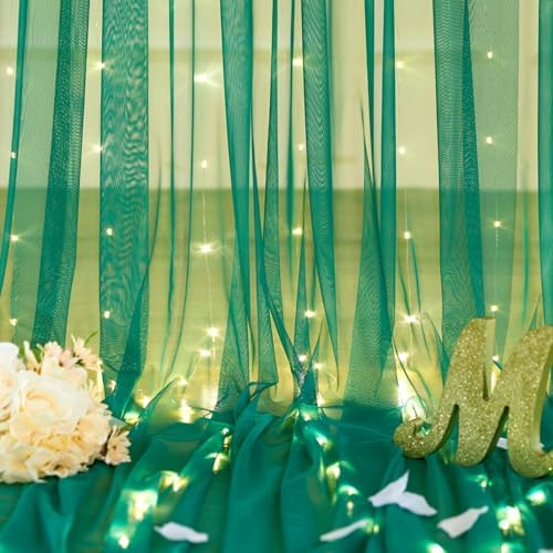 10ft x 8ft Hunter Green Tulle Photo Backdrop Curtain with Lights String for Christmas Party Sheer Curtain Backdrop Drapes for Birthday Party Holiday Wedding Photo Booth Background Room Decorations - Image 6