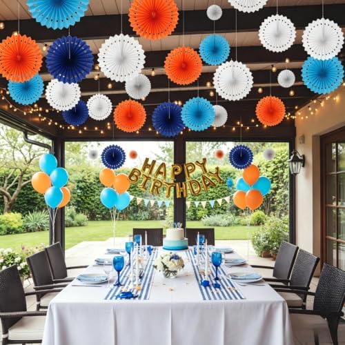 CC wonderland zone 12PCS Blue and Orange Paper Fans Party Decorations,Hanging Ceiling Honeycomb Round Tissue Paper Fans for Birthday Wedding Party Decorations - Image 2