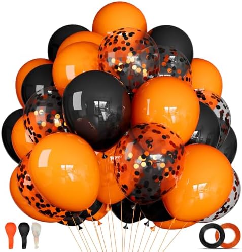 68Pcs Black and Orange Balloons, 12 inch Orange Black Latex Balloon Set with Confetti Ribbons Reusable, Fade-Resistant for Halloween, Graduation Spooky Party Decorations. by KUULBELAballoons