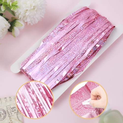 10 Pack Pink Foil Curtain Backdrop 3.2ft x 9.8ft Metallic Tinsel Foil Fringe Curtains Streamer Photo Booth Backdrop for Birthday Party Engagement Bachelorette Party Decorations - Sparkle Pink - Image 4