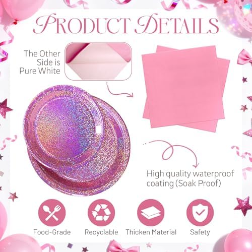 Pink Iridescent Paper Plates & Napkins, 75 Pcs Party Decoration Tableware - Image 3