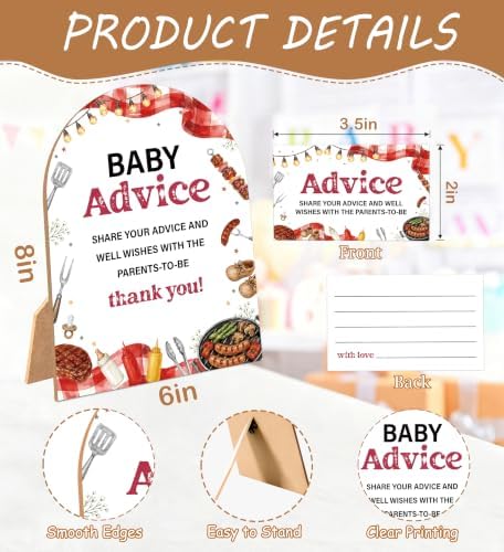 Baby-Q Baby Shower Games, BBQ Advice For Parents To Be, 6x8 Inch Arch Wooden Sign With Stand And 50 Advice Cards, Gender Reveal Party Supplies & Decorations -LN12 - Image 2