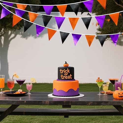 Black Orange Purple Halloween Party Decorations Metallic Fabric Triangle Pennant Banner Flag Bunting Garland for Birthday Baby Shower Bachelorette Trick or Treat Halloween Holiday Party Supplies - Image 4