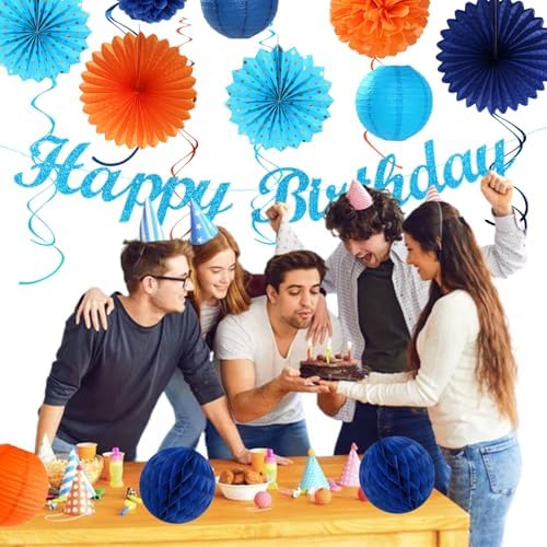 Orange Blue Men Birthday Decorations - 21pcs Happy Banner Garland,Bluey Paper Streamers Lanterns,Flower Tissue Pom Poms Fan Supplies,Hanging Wall Backdrop Party Decor Huglony - Image 6