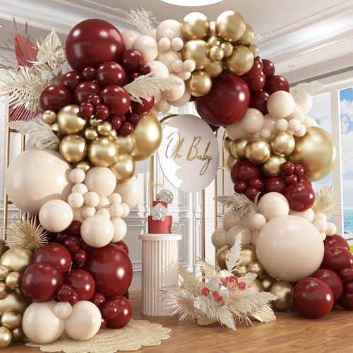 Burgundy Balloon Garland Arch Kit,412Pcs Burgundy and Sand White Metallic Gold Balloons for Wedding Bridal Shower Birthday Wine Anniversary Engagement Party Graduation Decorations by PAXILE