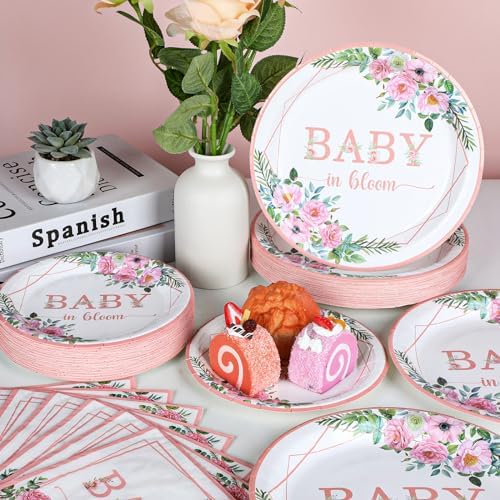 gisgfim 50 Guests Baby in Bloom Party Supplies Baby In Bloom Floral Plates and Napkins Plastic Forks Girl Floral Tableware Pink Flower Paper Plates for Birthday Party 200PCS - Image 4