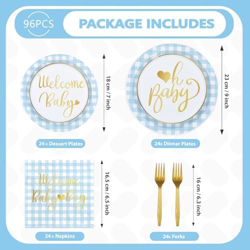 96 Pcs Blue Gingham Baby Shower Party Decorations, Serves 24 - Image 5