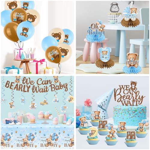 Blue Bear Baby Shower Decorations,219Pcs Baby Shower Tableware Set Banner, Plates and Napkins, Tablecloth, Cake Toppers, Honeycomb Balls for Boy Neutral Bear Themed Party Decorations Severs 24 - Image 5